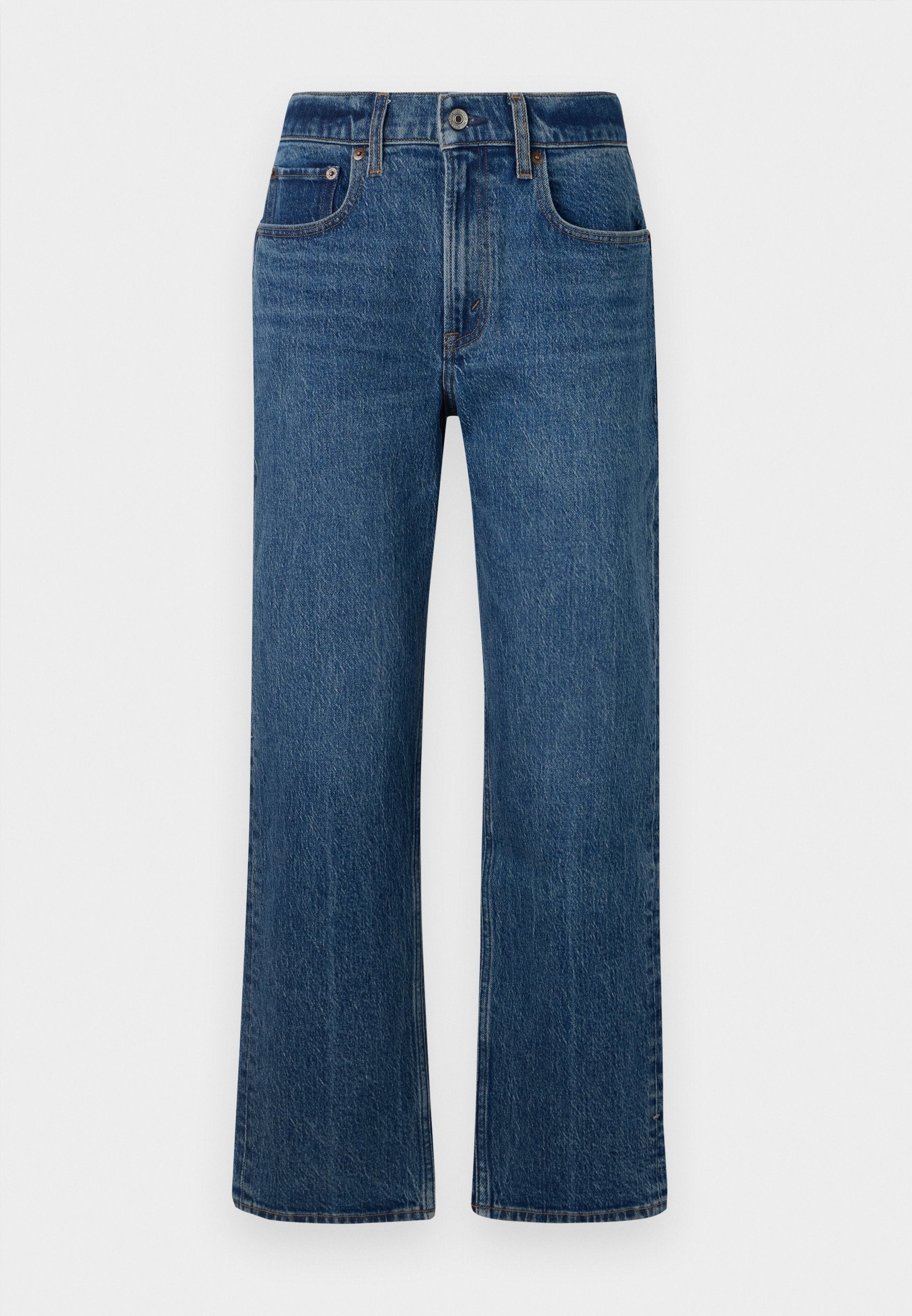 Blaue Denim-High-Waist-Jeans in weitem Schnitt, präsentiert vor einem schlichten weißen Hintergrund, mit vorderen Taschen, einem Knopfverschluss und einem leicht ausgewaschenen Finish.