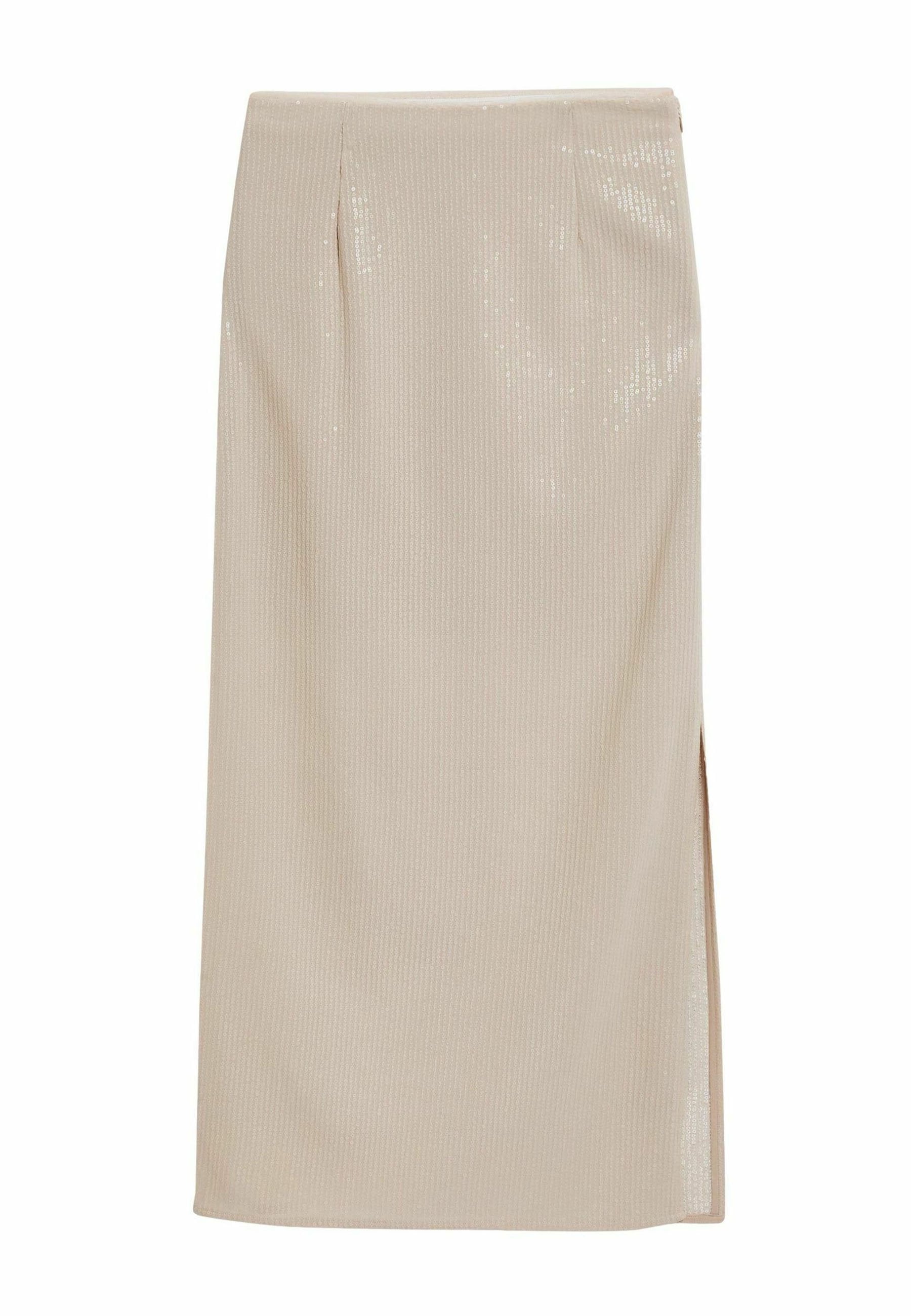 Beige, gerippter Midorock mit einem Seitenschlitz und einem metallischen Glanz. Verfügt über Falten an der Taille für zusätzlichen Textur und Stil.