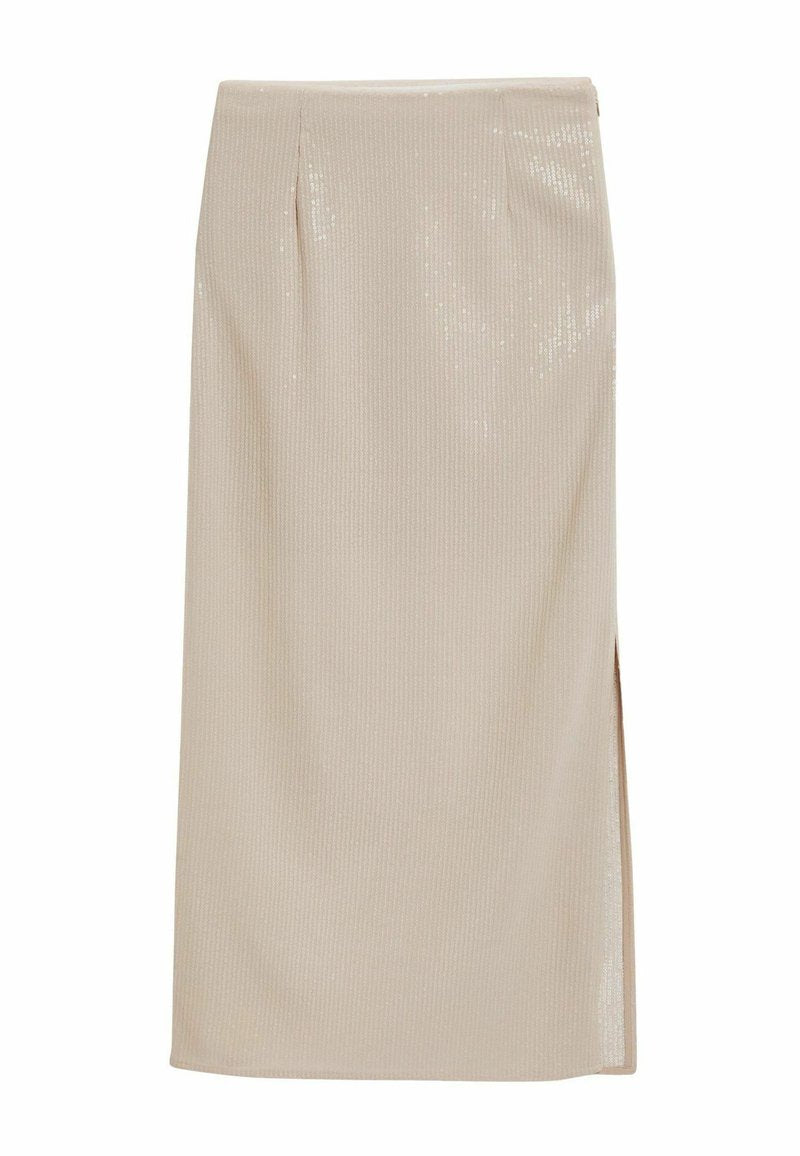 Beige, gerippter Midorock mit einem Seitenschlitz und einem metallischen Glanz. Verfügt über Falten an der Taille für zusätzlichen Textur und Stil.