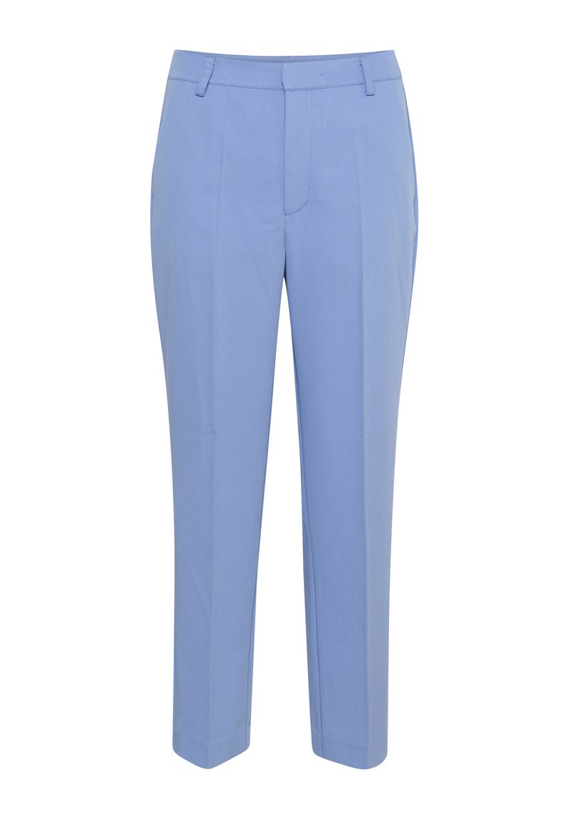 Hellblaue, maßgeschneiderte Hosen mit geradem Bein, flachem Bund und seitlichen Taschen. Glatte Textur und keine sichtbaren Muster oder Akzente.