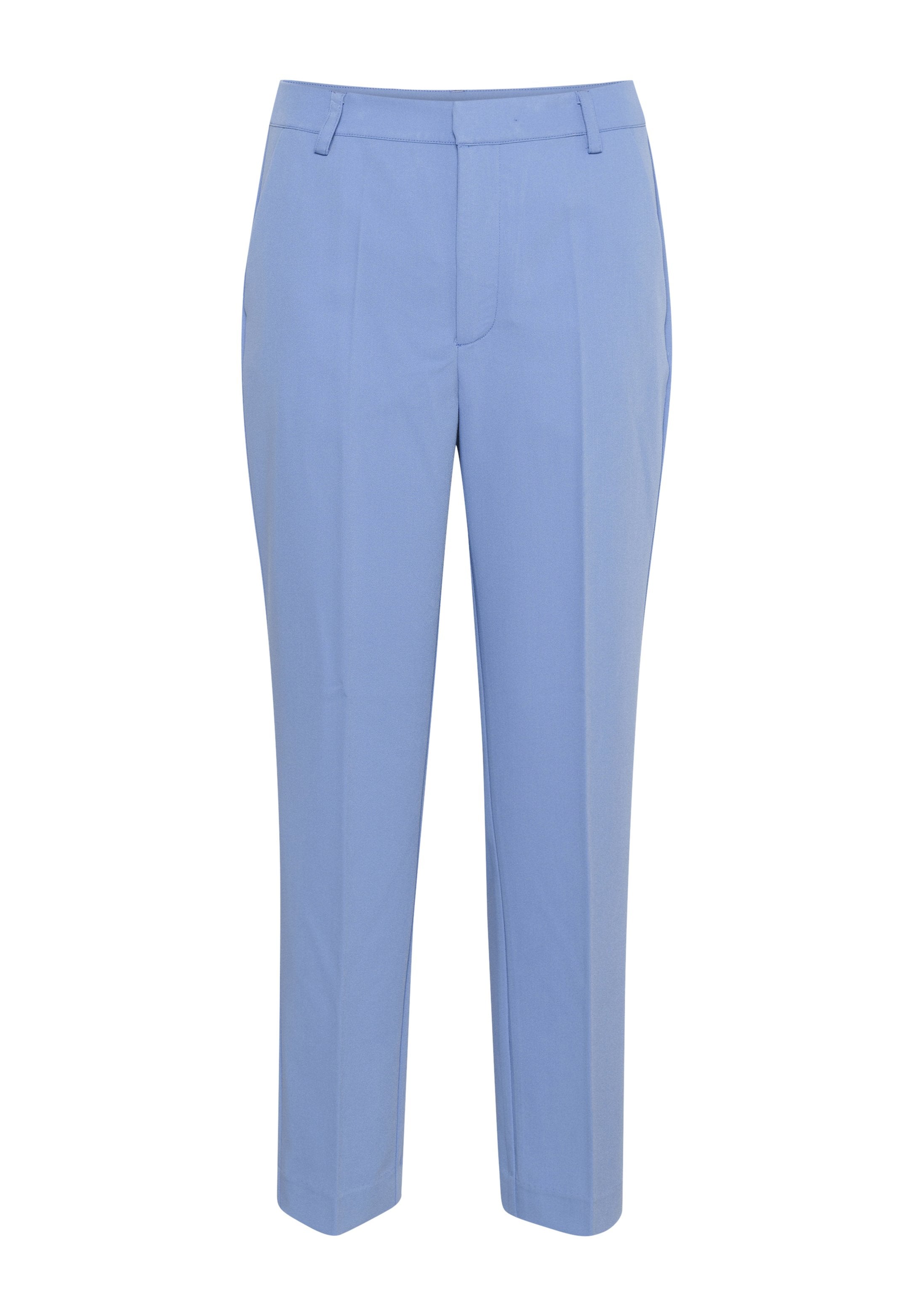 Hellblaue, maßgeschneiderte Hosen mit geradem Bein, flachem Bund und seitlichen Taschen. Glatte Textur und keine sichtbaren Muster oder Akzente.