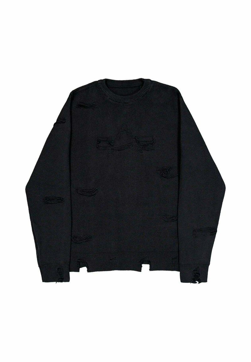 Schwarzer, gestrickter Pullover mit Rundhalsausschnitt, destruktiven Details und gerippten Bündchen. Strukturierter Stoff mit unebenen Schnittstellen.