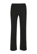 Schwarze Hosen mit einem strukturierten, metallischen Zebra-Muster, gerader Beinform und einem elastischen Bund für zusätzlichen Komfort.