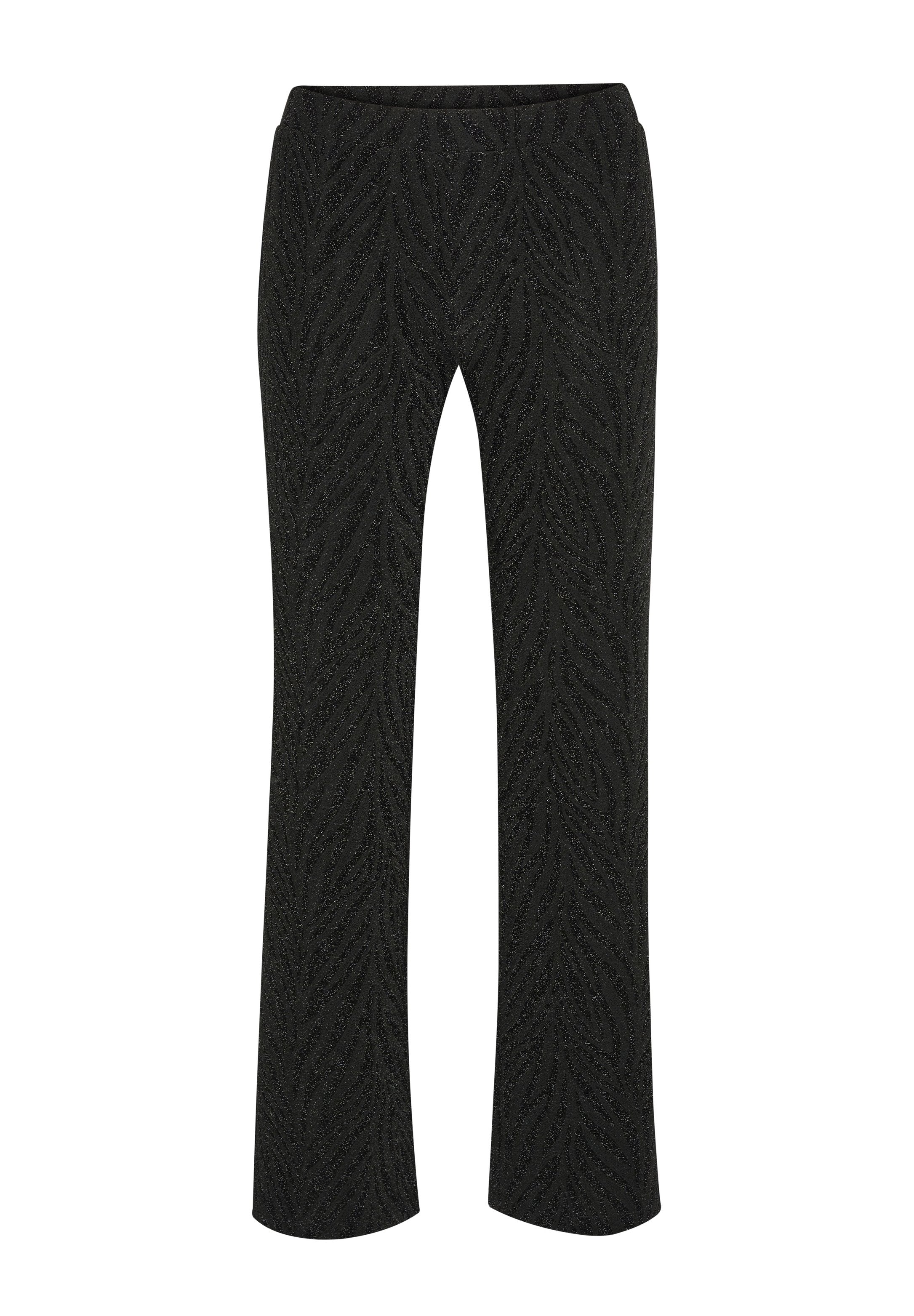 Schwarze Hosen mit einem strukturierten, metallischen Zebra-Muster, gerader Beinform und einem elastischen Bund für zusätzlichen Komfort.
