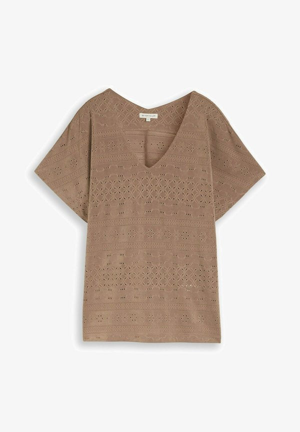 TOM TAILOR T-SHIRT V-NECK AJOUR - Blouse - taupe grey