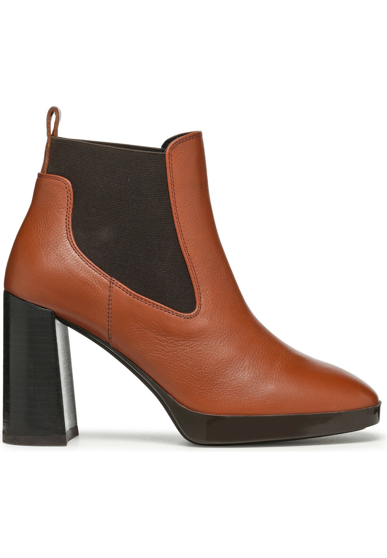 Braune Lederstiefelette mit schwarzem elastischem Seitenpanel, Blockabsatz, runder Zehenpartie und Zugschlaufe hinten.