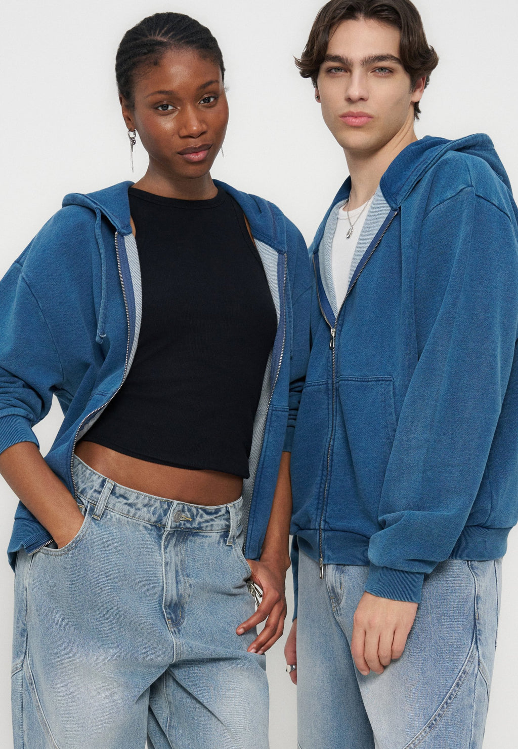 YOURTURN BOXY FIT DENIM LOOK ZIP-UP HOODIE