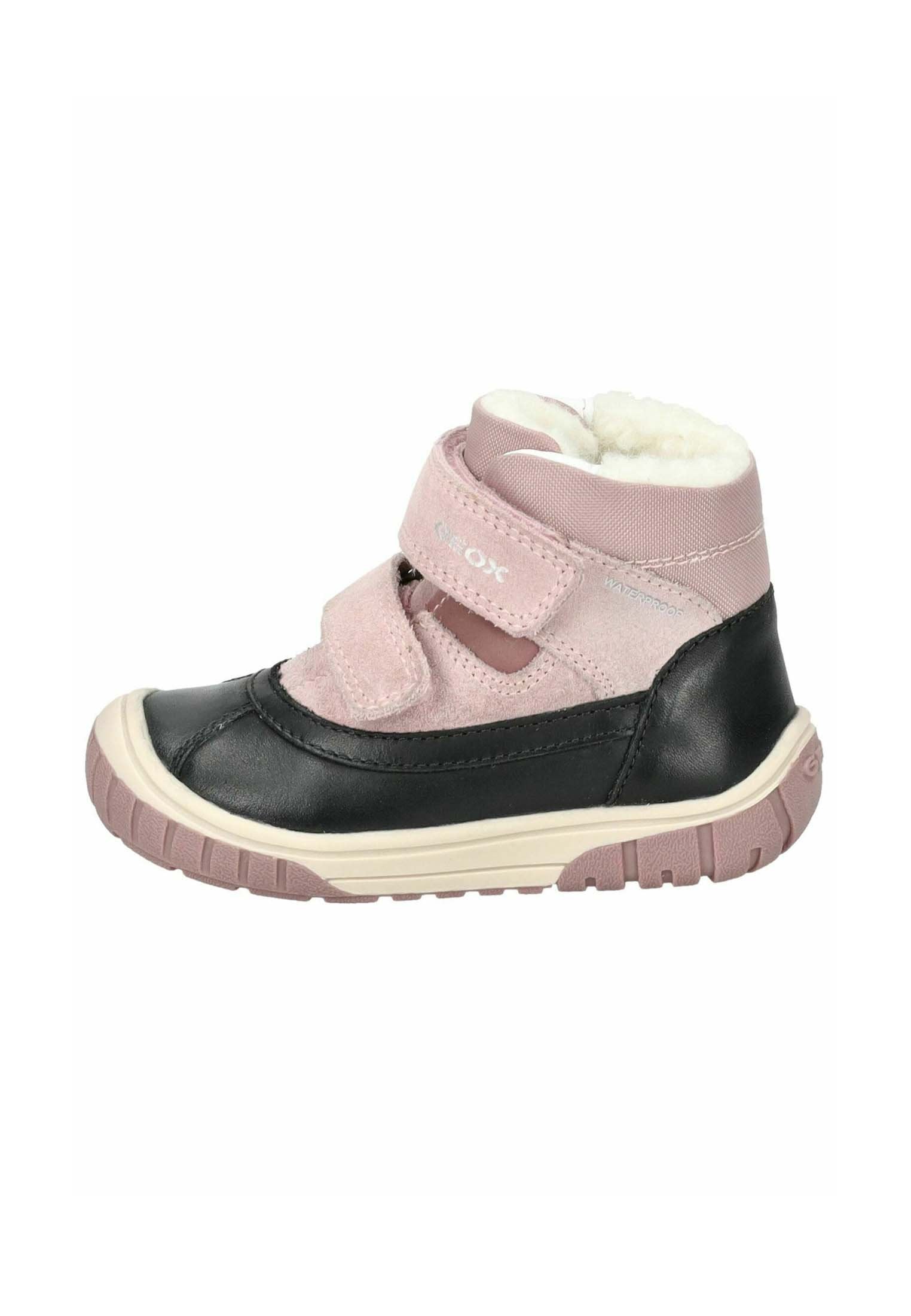 Schwarze und pinke Knöchelboots mit wasserdichtem Design, weichem Futter, Klettverschluss, Gummisohle und strukturiertem Obermaterial für zusätzlichen Halt.