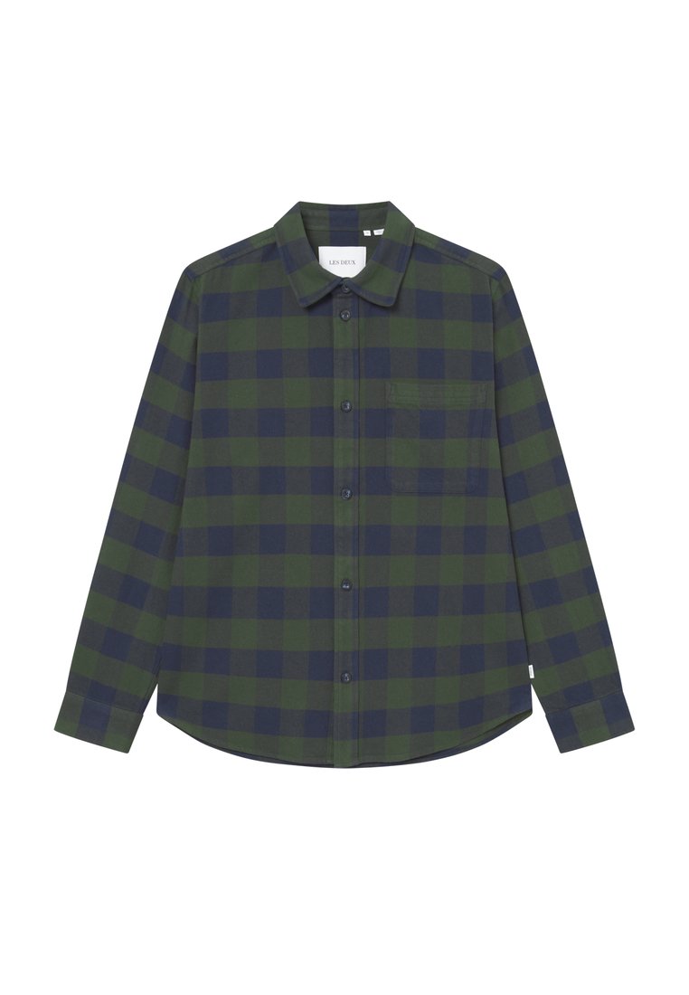 Langarmshirt im dunkelgrünen und maritimen Karomuster, mit durchgehender Knopfleiste, Kragen und einer Brusttasche. Weicher Stoff.