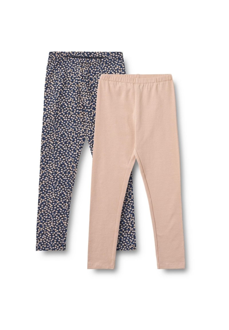 Zwei Paar Leggings: eine mit einem navyfarbenen Blumenmuster mit kleinen weißen Blumen, die andere in einfarbigem Hellrosa. Beide haben einen elastischen Taillenbund.