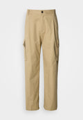 Beige Cargo-Hosen aus strapazierfähigem Stoff, mit lockerem Schnitt, Seitentaschen und Knopfverschluss an der Taille.