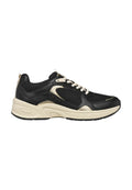 Schwarzer und cremefarbener sportschuh mit Obermaterial aus Mesh und Leder, gepolsterter Sohle und schnürbarem Vorderteil mit goldenen Akzenten.