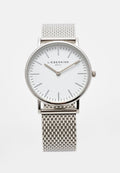 Silberne analoge Armbanduhr mit weißem Zifferblatt, minimalen Stundenmarkierungen, "Liebeskind Berlin" Logo und Mesh-Metallarmband.
