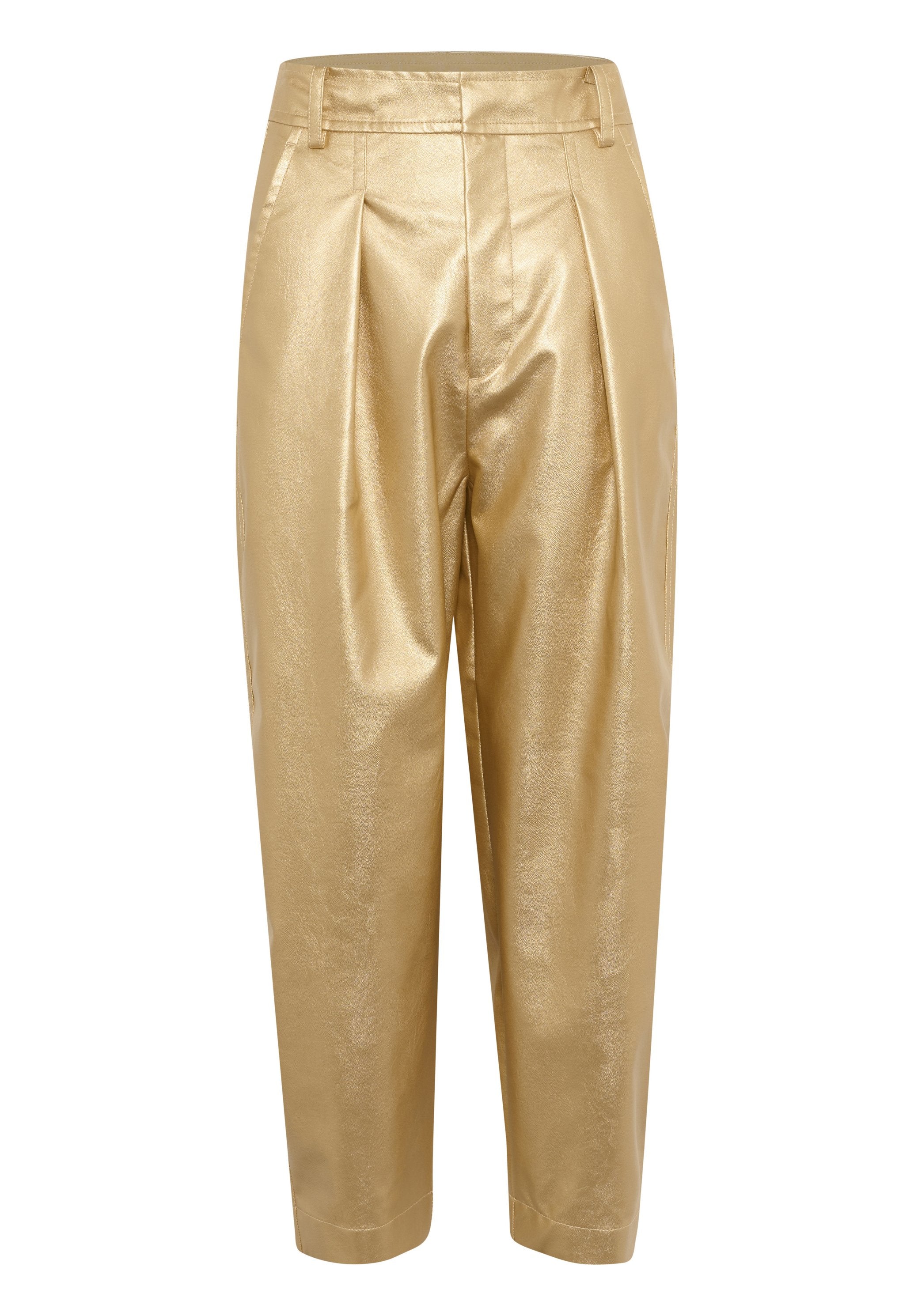 Goldene metallische Hosen mit glatter Textur, gefältelter Vorderseite, mittlerer Taille und schmal zulaufenden Beinen. Verfügt über einen einfachen Taillenbund und keine zusätzlichen Details.