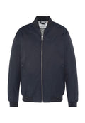 Dunkelblaue Bomberjacke aus glattem Stoff, mit einem Reißverschluss vorne, Seitentaschen und gerippten Bündchen und Saum.
