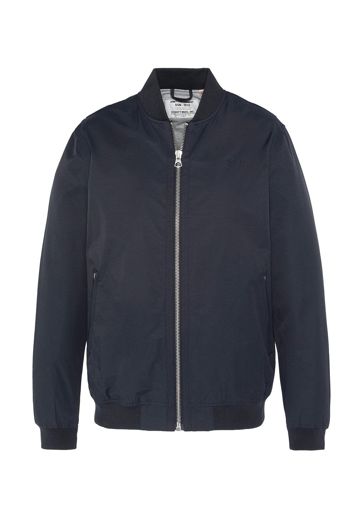 Dunkelblaue Bomberjacke aus glattem Stoff, mit einem Reißverschluss vorne, Seitentaschen und gerippten Bündchen und Saum.