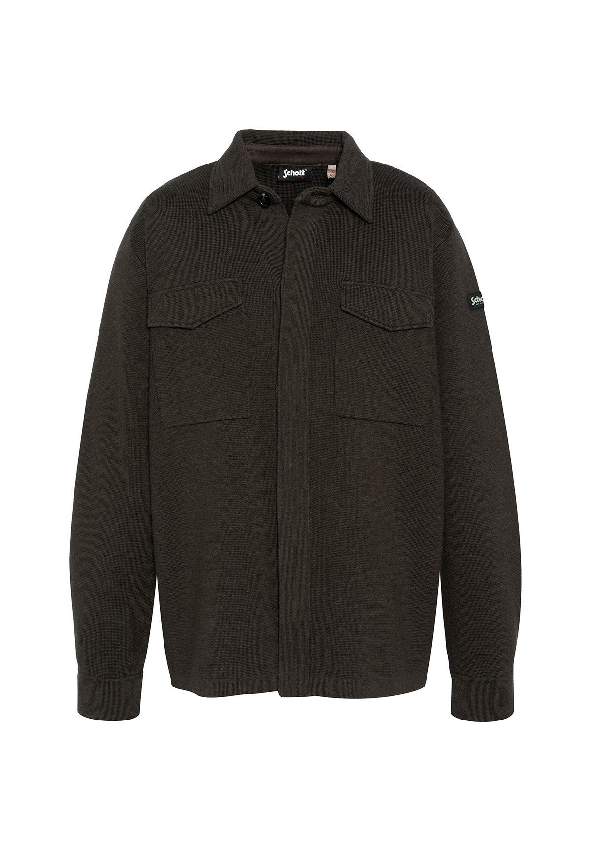 Dunkelgrünes, strukturiertes Hemdjacke mit zwei vorderen Taschen, langen Ärmeln und umschlagbarem Kragen. Markenetikett am Halsauschnitt.