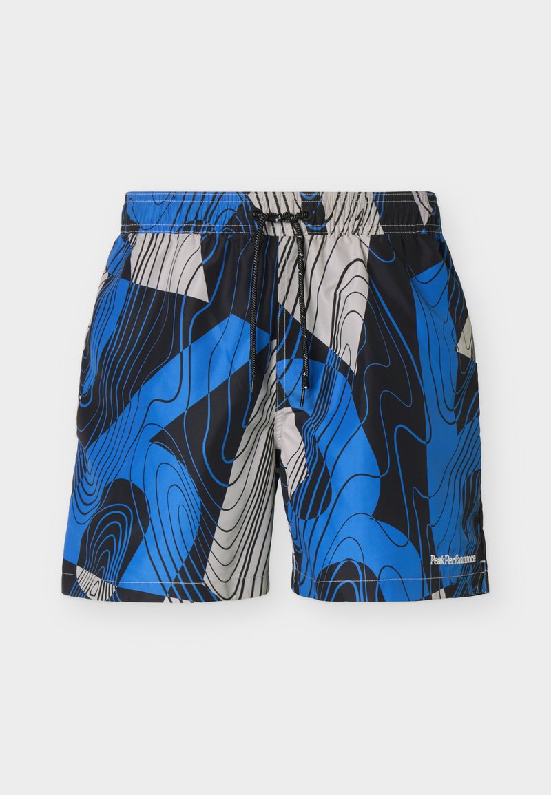 Herren-Badeshorts mit blauem, schwarzem und grauem abstraktem topografischem Muster und einem schwarzen Kordelzugbund.