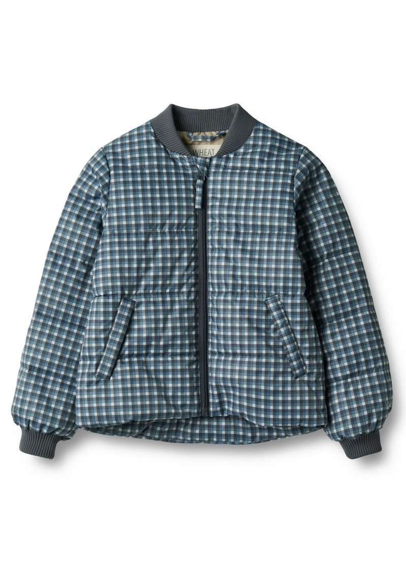 Gepolsterte Steppjacke mit blau-weißer Karomusterung, Frontreißverschluss, gerippten Bündchen und Seitentaschen. Weicher, gepolsterter Stoff.