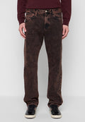 Dunkelbraune Jeans aus Denim mit leicht ausgeblichenem Finish, geradem Bein, fünf Taschen und klassischem Metallknopfverschluss.