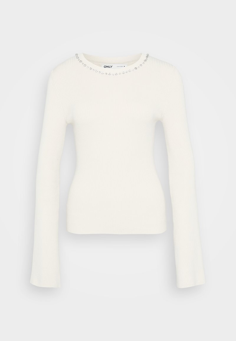 Rippent Weißer Pullover mit langen Ärmeln, figurbetontem Schnitt und verziertem Ausschnitt, der mit kleinen klaren Edelsteinen entlang des Kragens geschmückt ist.