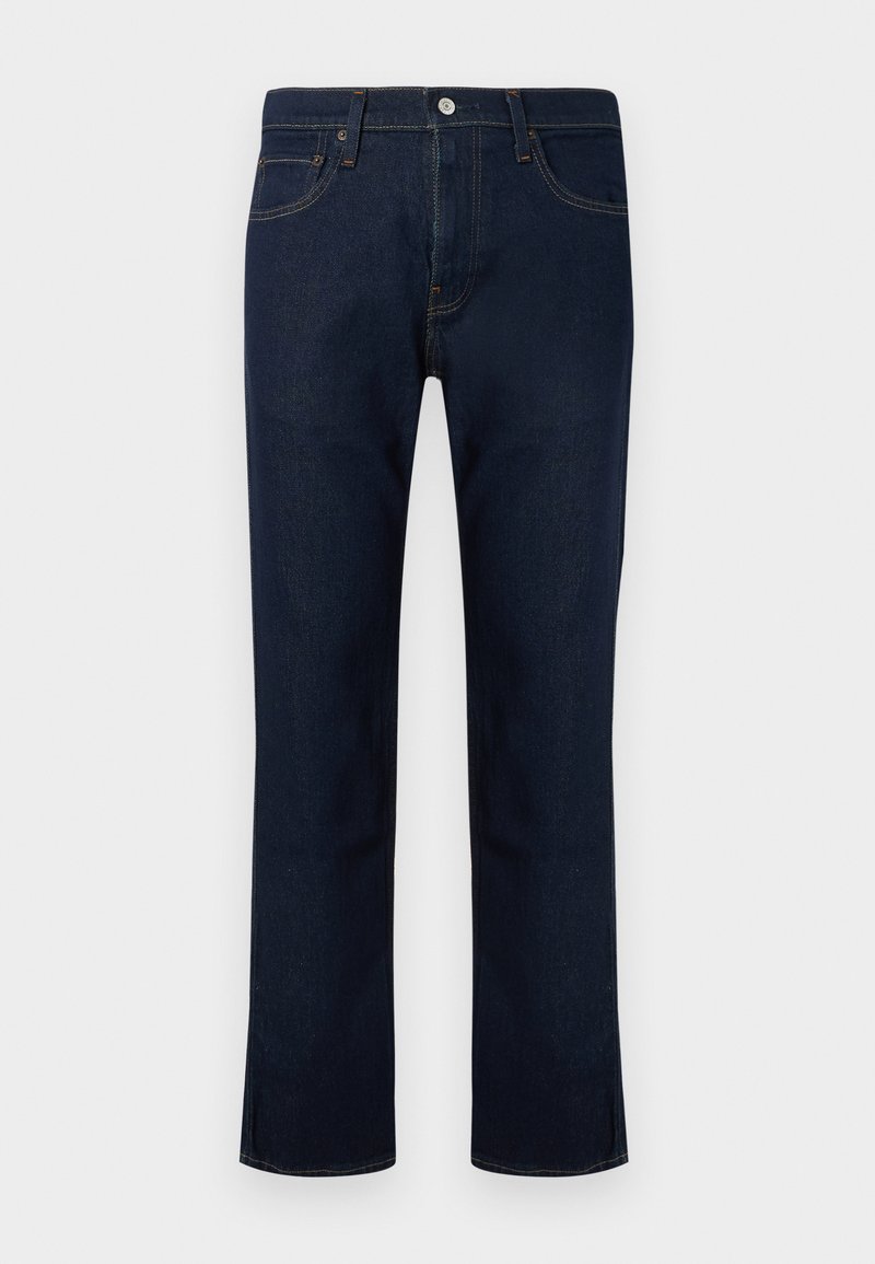 Dunkelblaue Jeans mit geradem Bein, vorn mit Knopfverschluss, vorderen Taschen und sichtbaren Nahtdetails.