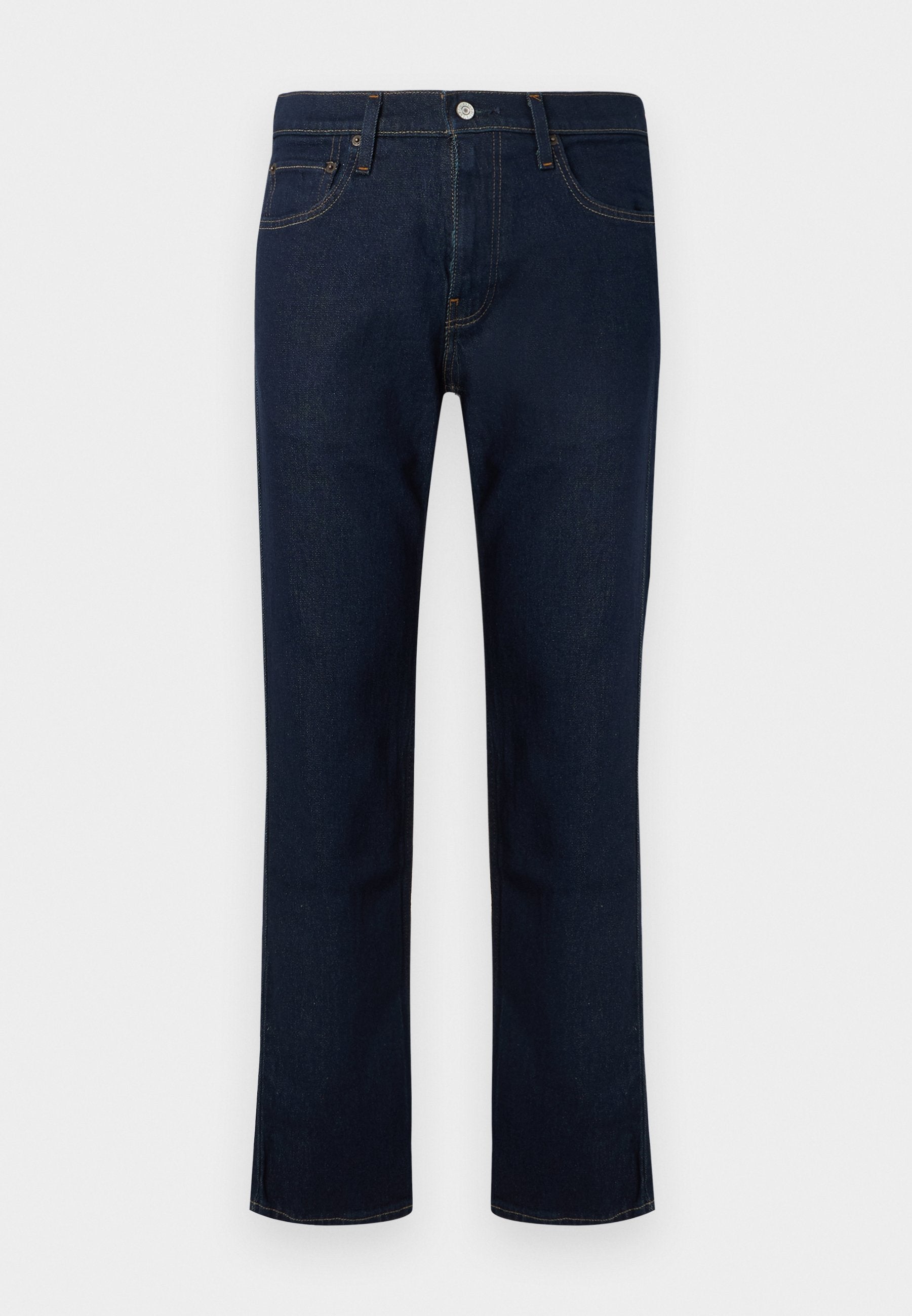 Dunkelblaue Jeans mit geradem Bein, vorn mit Knopfverschluss, vorderen Taschen und sichtbaren Nahtdetails.