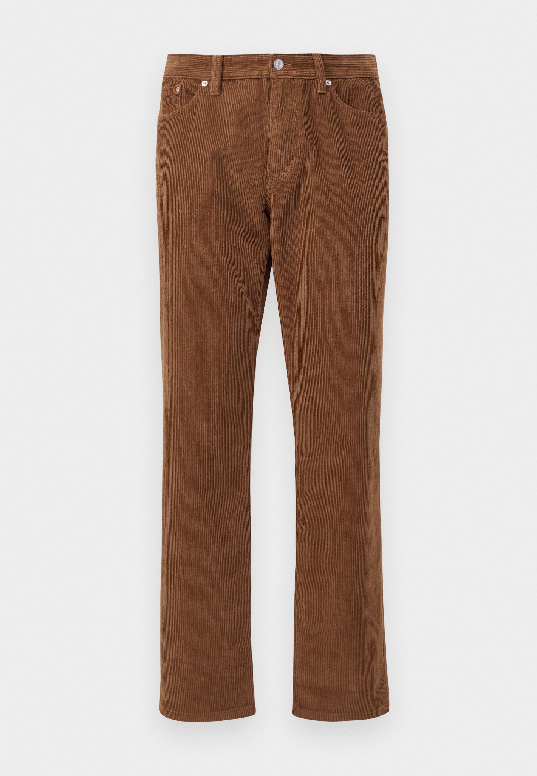 Braune Cord-Hosen mit vertikalen Rippungen, ausgestattet mit einem Knopf- und Reißverschluss, zwei Fronttaschen und einem geraden Bein.
