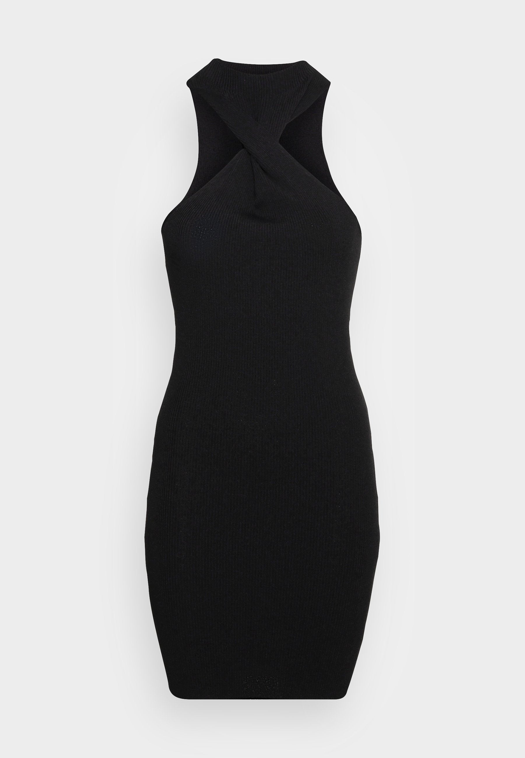 Schwarzes gestricktes Neckholderkleid mit geripptem Textur, das über ein gedrehtes Halsdesign und eine figurbetonte Silhouette verfügt und bis zur Mitte des Oberschenkels reicht.