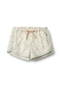 Blumige Shorts aus creamfarbigem Stoff mit einem Kordelzugbund. Verfügt über rosa und grüne Blumenmuster sowie gestreifte Akzente am Saum.