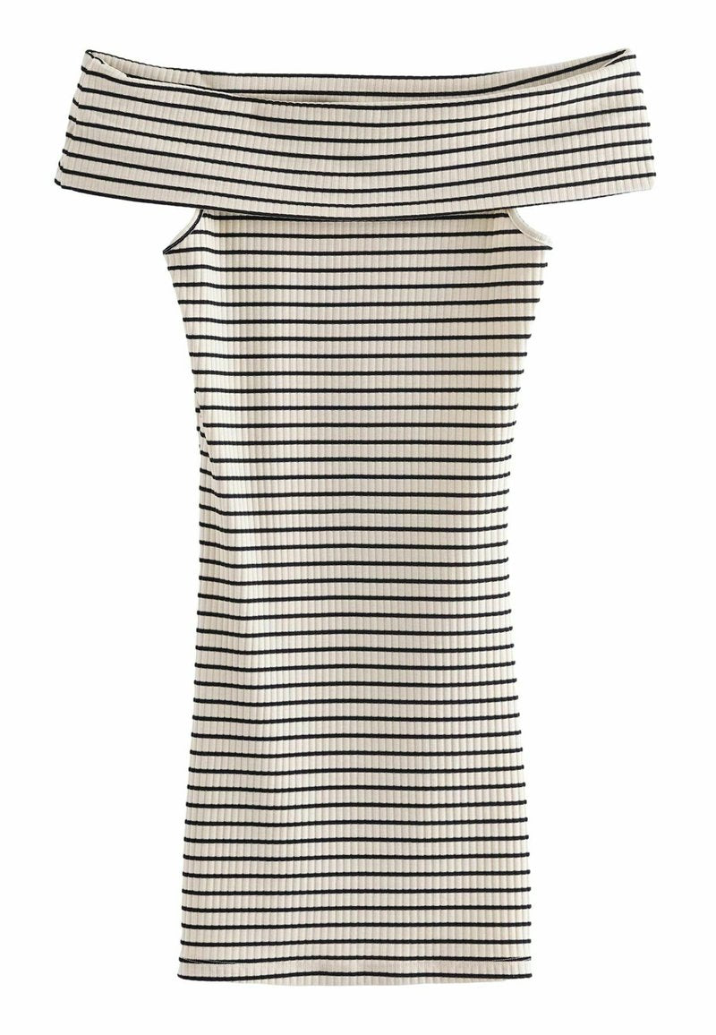 Schulterfreies, geripptes Kleid mit navyblauen Streifen auf einem cremfarbenen Hintergrund. Figurbetonter Schnitt, knielang und mit weicher Textur.