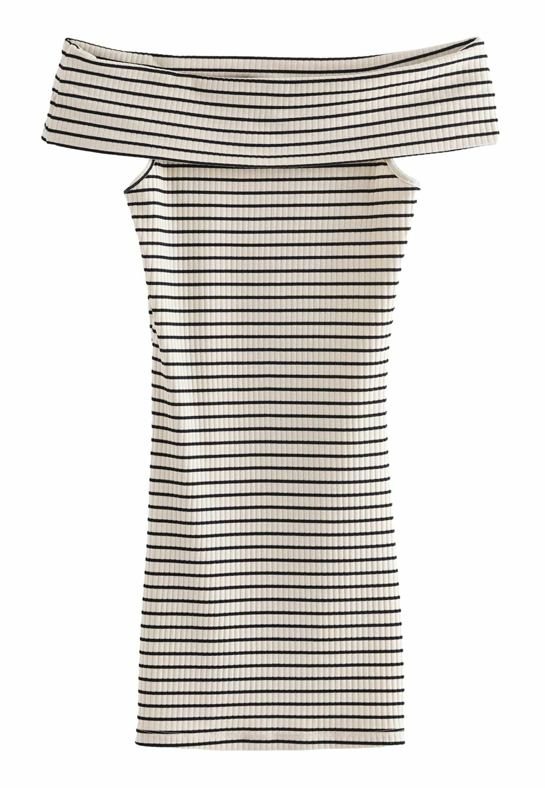 Schulterfreies, geripptes Kleid mit navyblauen Streifen auf einem cremfarbenen Hintergrund. Figurbetonter Schnitt, knielang und mit weicher Textur.