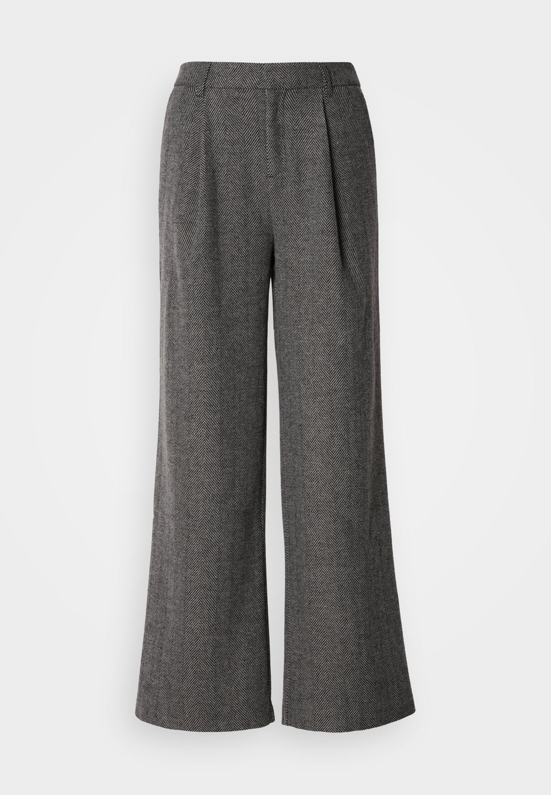 Grau karierte weit geschnittene Hosen mit gefüttertem Vorderteil, tailliertem Bund und glatter Textur, die ein sauberes, professionelles Design aufweisen.
