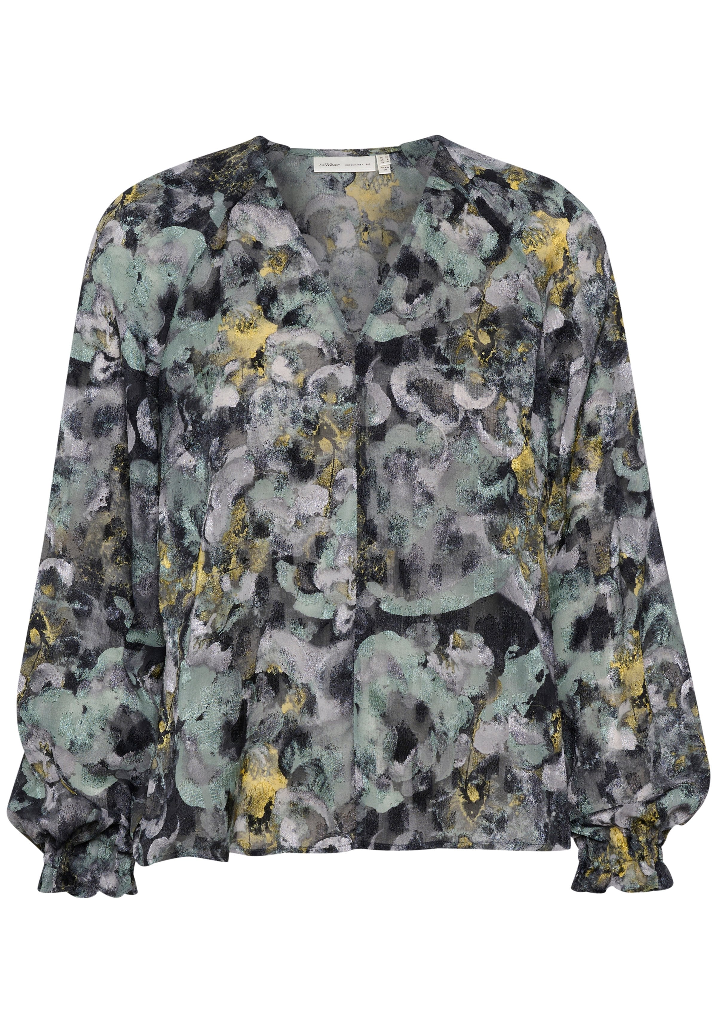 Langärmlige Bluse mit V-Ausschnitt, elastischen Bündchen und abstraktem Blumenmuster in gedeckten Grüntönen, Grau, Schwarz und Gelb.