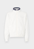 Weißer, leichter Jacke mit navyfarbenem Kragen, Frontreißverschluss, elastischen Bündchen und einem elastischen Saum; zeigt dezente Markenkennzeichnung auf der Brust.
