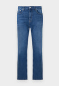 Blaue gerade geschnittene Jeans aus Denim mit fünf Taschen, Gürtelschlaufen, Knopfverschluss und dezentem Verblassen an den vorderen Oberschenkeln und Knien.