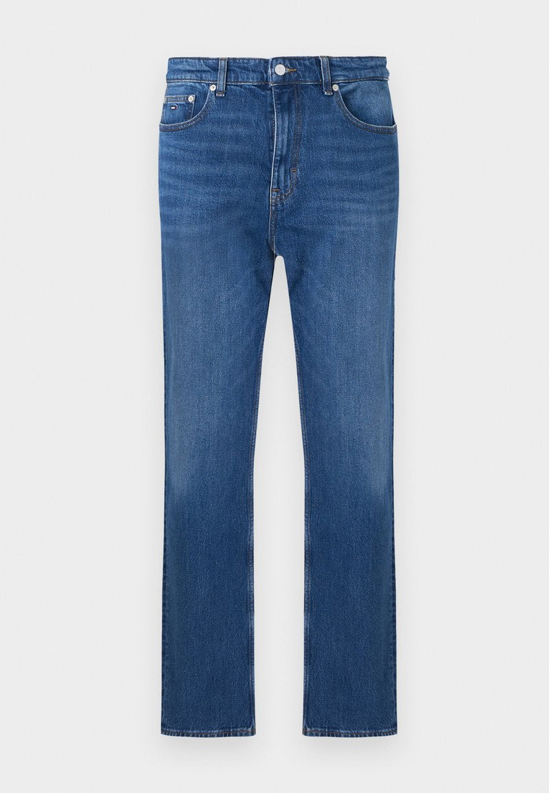 Blaue gerade geschnittene Jeans aus Denim mit fünf Taschen, Gürtelschlaufen, Knopfverschluss und dezentem Verblassen an den vorderen Oberschenkeln und Knien.