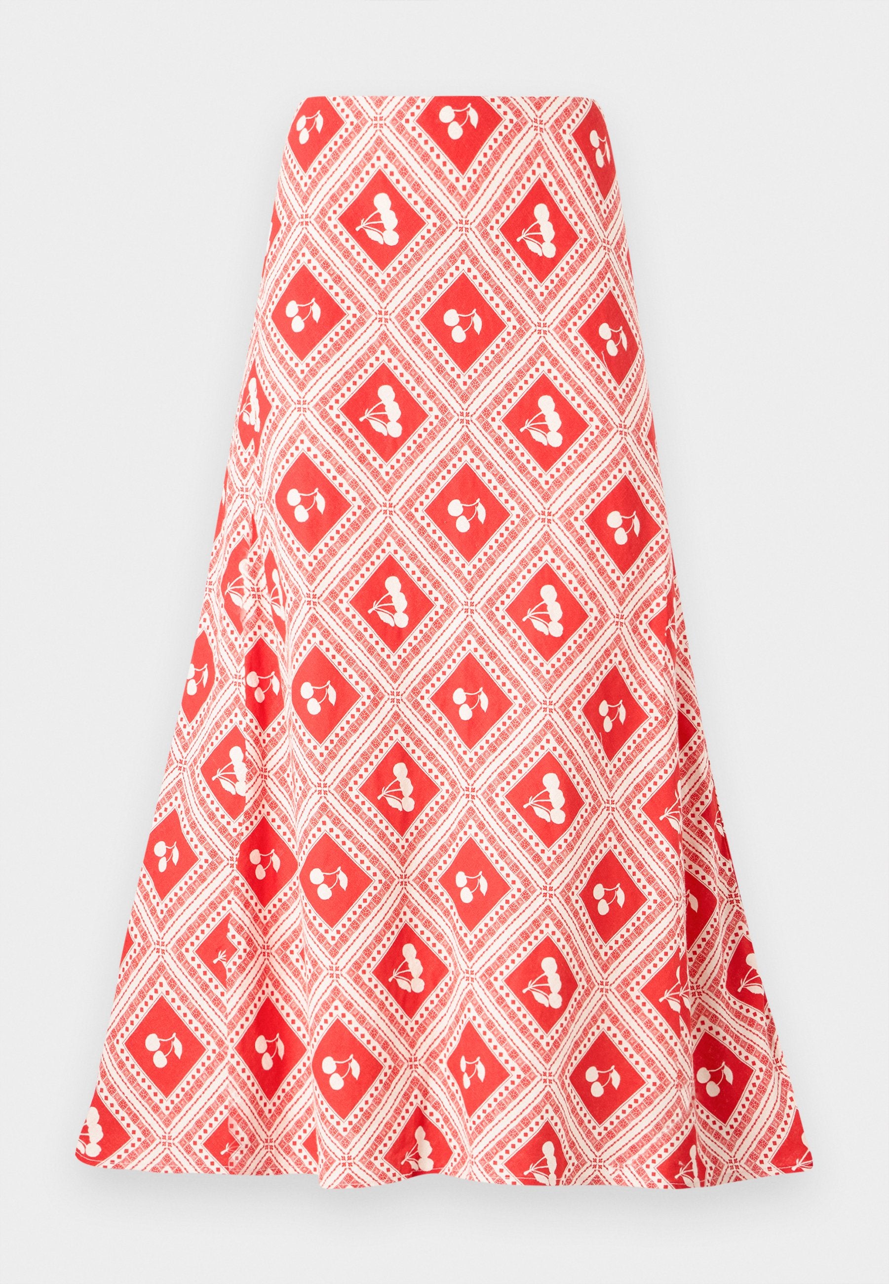 Rote und weiße gemusterte Rock mit einem diamantförmigen Design und kleinen Blumenmotiven sowie einem ausgestellten Schnitt, aus einem glatten Stoff gefertigt.