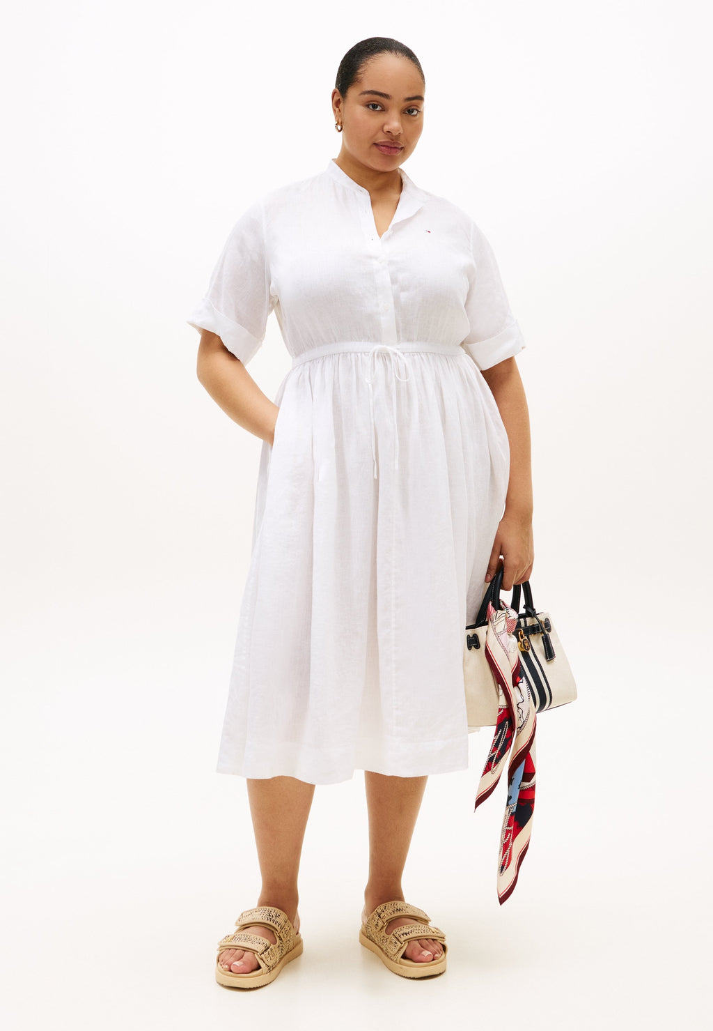 CURVE PRINT PURE LINEN MIDI SHIRT DRESS Media 2