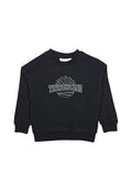 Schwarzes Sweatshirt aus weichem Material, mit Rundhals, langen Ärmeln und einem grafischen "Timberland"-Druck auf der Vorderseite.