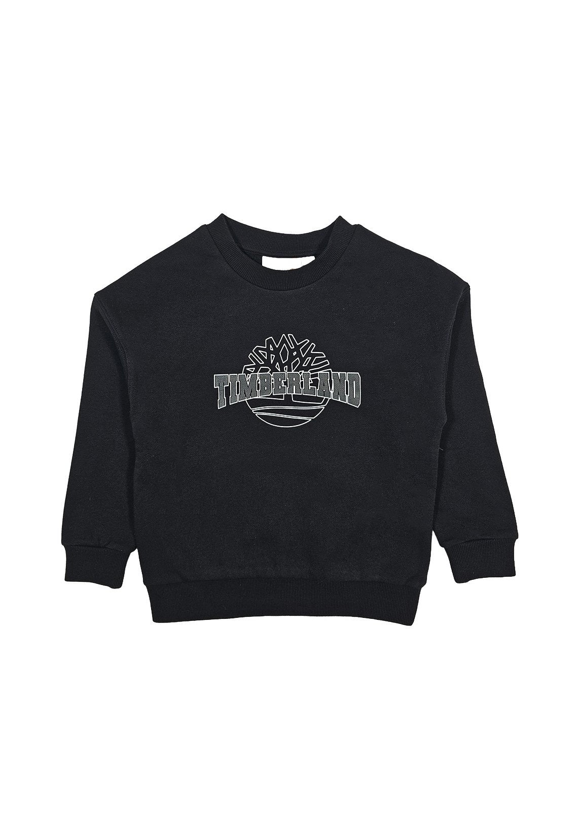 Schwarzes Sweatshirt aus weichem Material, mit Rundhals, langen Ärmeln und einem grafischen "Timberland"-Druck auf der Vorderseite.