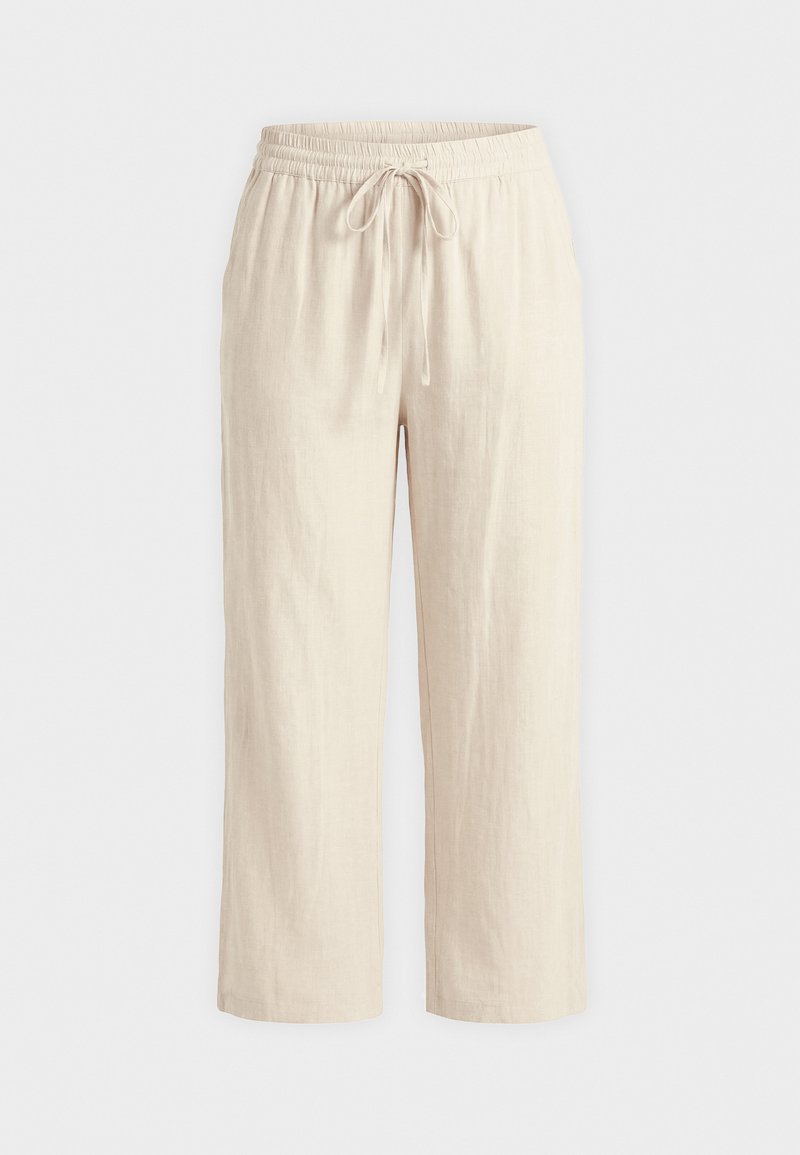 Beige Hosen mit weitem Bein, elastischem Bund und vorderem Tunnelzug, gefertigt aus leichtem Stoff, auf weißem Hintergrund dargestellt.