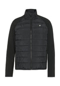 Schwarze isolierte Jacke mit durchgehendem Reißverschluss, gepolstertem Rumpf und elastischen Ärmeln. Verfügt über einen hohen Kragen und ein Logo auf der Brust.