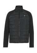Schwarze isolierte Jacke mit durchgehendem Reißverschluss, gepolstertem Rumpf und elastischen Ärmeln. Verfügt über einen hohen Kragen und ein Logo auf der Brust.