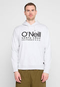 Hellgraue Kapuzenjacke aus weichem Stoff, versehen mit einem großen schwarzen Logo-Aufdruck "O'Neill SANTA CRUZ CALIFORNIA-U.S.A." und verstellbaren Zugbändern.