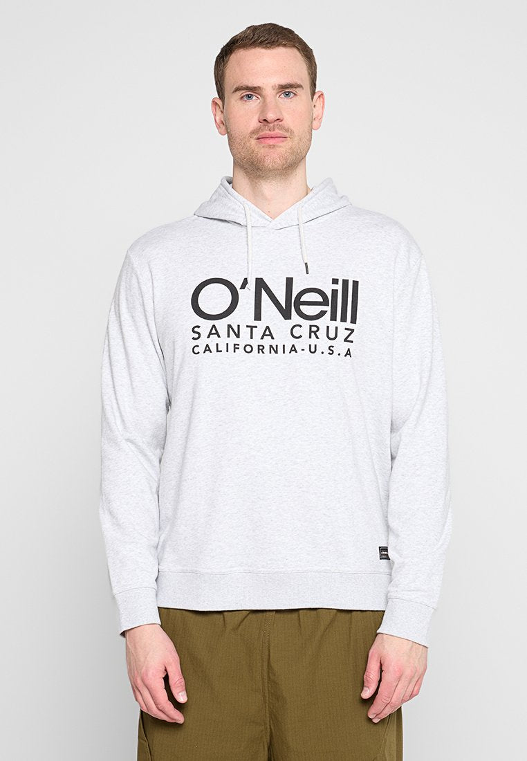 Hellgraue Kapuzenjacke aus weichem Stoff, versehen mit einem großen schwarzen Logo-Aufdruck "O'Neill SANTA CRUZ CALIFORNIA-U.S.A." und verstellbaren Zugbändern.