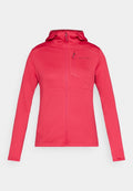 Rosa Kapuzenjacke mit durchgehendem Frontreißverschluss und Reißverschlusstasche an der Brust, hergestellt aus strukturiertem Stoff, geeignet für Outdoor-Aktivitäten.