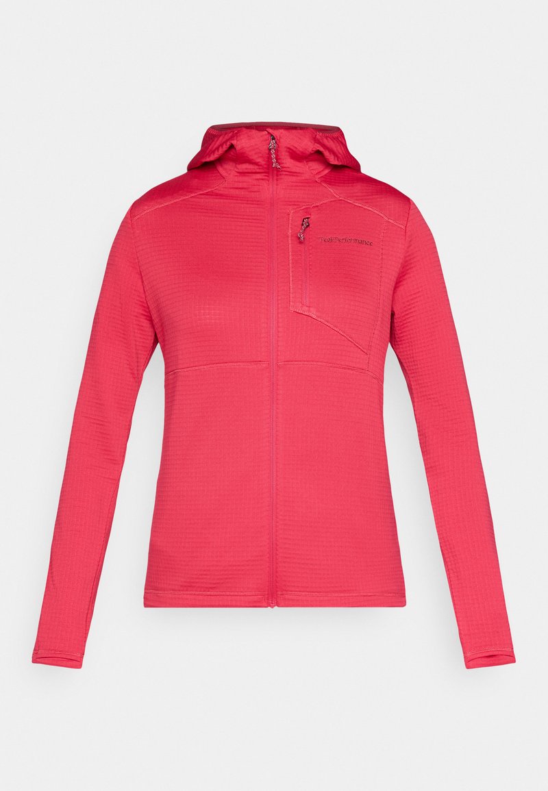 Rosa Kapuzenjacke mit durchgehendem Frontreißverschluss und Reißverschlusstasche an der Brust, hergestellt aus strukturiertem Stoff, geeignet für Outdoor-Aktivitäten.