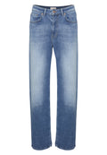 Helle blaujeans mit geradem Bein, featuring kontrastierenden Nähten, fünf Taschen und einem Knopfverschluss.