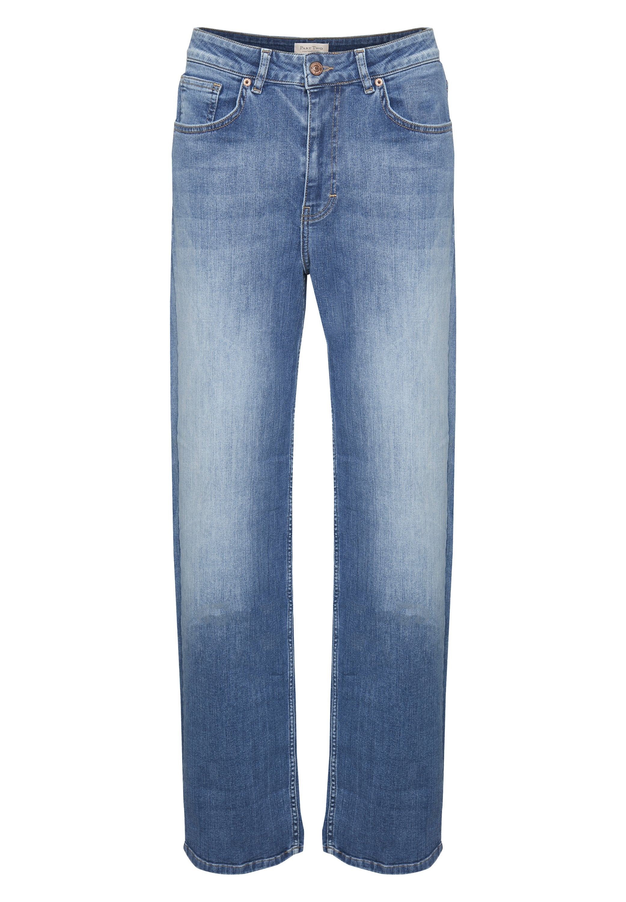 Helle blaujeans mit geradem Bein, featuring kontrastierenden Nähten, fünf Taschen und einem Knopfverschluss.